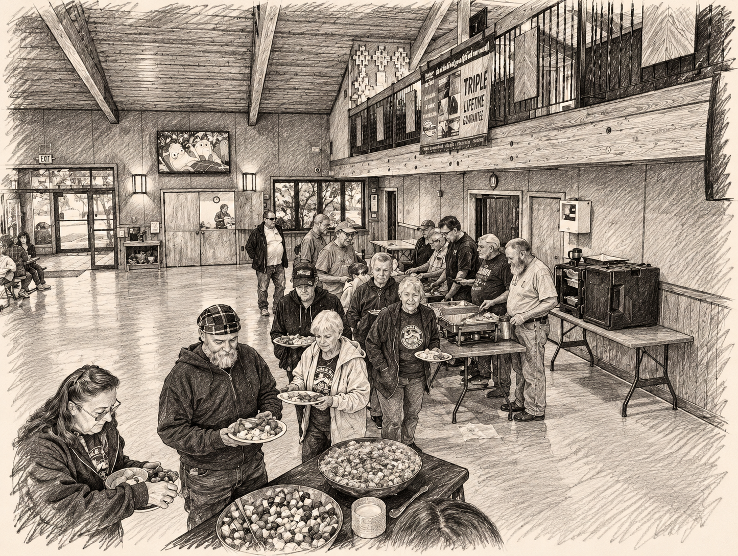 Charcoal-style illustration of Halo at breakfast