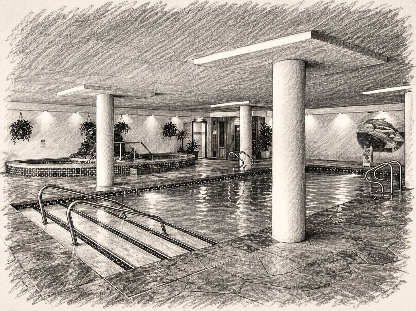 Charcoal illustration of the indoor pool at Normandy Farms
